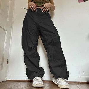 Women Casual Joggers Tech Pants Vintage Solid Low Waist Drawstring Baggy Trousers Y2K Wide Leg Sweatpants Streetwear Cargo Pants 240528
