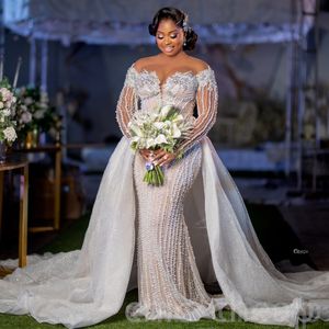 2024 Arabic Aso Ebi Plus Size Luxurious Mermaid Wedding Dress Beaded Crystals Detachable Train Bridal Gowns Dresses ZJ0234