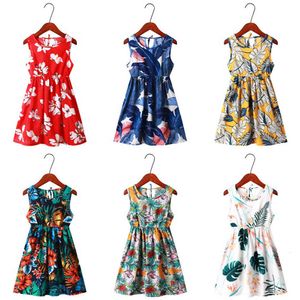 2023 Summer Gilrs Casual 2-12 Years Kids Cute Printed Leaf Vest Princess Dress Children Silk Cotton Sleeveless Clothing L2405