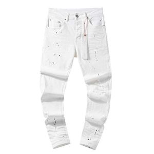 Męskie spodnie najwyższej jakości fioletowe marka roca dżinsy moda i modna marka atrament splatted perforowane elastyczne rajstopy dla męskich białych dżinsów J240527