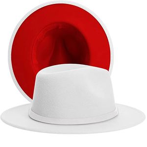 Kvinnor Mens White With Red Fedora Hats med filt Band Two Tone Wide Brim Felt Jazz Cap Wool Blend Panama Trilby Vintage Hat 240528