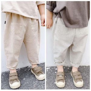Spring Summer Kids Casual Trousers Cotton Striped Children Harem Pure Color Baby Boys Girls Pants Pockets Clothes L2405