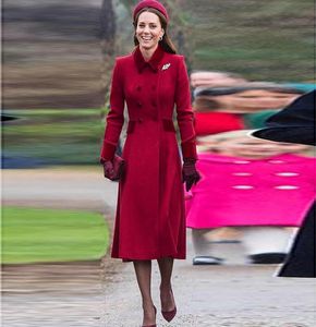 Women039S الصوف يمزج Kate Middleton Velvet Pocket مزدوجة الأكمام الطويلة الأكمام الأحمر معطف من الصوف النحيف نحيف مزاج عالية QUAL5380102