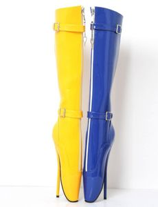 DHL 2018 Sexy 18cm Spike High Heel Women ballet Knee Boot Blue Yellow shiny zippered with straps BDSM customize plus size3517345