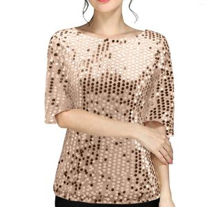 Kvinnors T -skjortor Kvinnor Solid Elegant 1/2 Sleeve O Neck Sequin Shirt Blus Topps Casual Women Summer