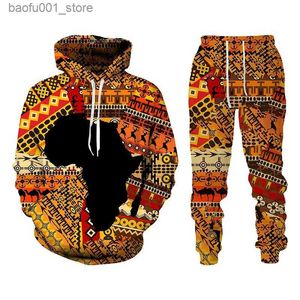 Men's Tracksuits Kids Sweatshirt Set 3D Printing Men Ladies Hoodie + Pants Two Piece Loose Long Sleeve Sweatshirt African Ethnic Style Clothing Q240528