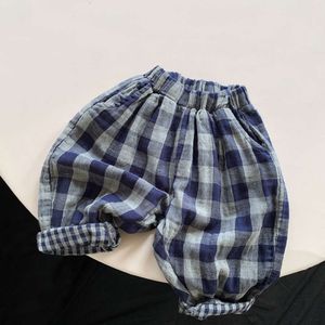 Children's Retro Blue Plaid Trousers 2024 Spring Autumn New Korean Boys And Girls Double-Layer Cotton Casual Harem Pants WTP121 L2405