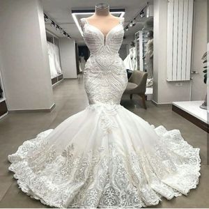 High End Unique Lace Mermaid Wedding Dresses Appliques Dubai Pärlade brudklänningar Custom Made Robe de Mariee 288e