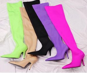 2019 Silk Stretch Purple على أحذية الركبة نساء مثيرات مقصورة إصبع القدم عالي الكعب في Femme Beige Satin Pink Hit High Boot Woman4023771