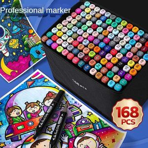 Akvarellborste pennmarkörer 24-168 Färger Double Headed Art Marker Pen Manga Sketch Tips Alkoholbaserad penna för skolmarkörer Art Supplies Ritning Set WX5.27