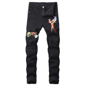 MEN039S Phoenix Stickerei Slim Ripped Jeans Fashion Black Distressed Flower Patch Hohe Stretch Baumwolle Denimhose Größe 40 42 3631632
