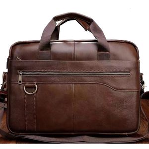 Toppkvalitetstrend Äkta läder Mens Handbag Top Layer Cowhide Läder Laptop Portfölj Business Mens Shoulder Bag 240528