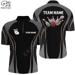 Bowling Quarter Reißverschluss Hemden für Männer benutzerdefinierte Bowlingkugel und Pins schwarze Vintage Bowling -Team Trikots 3D -gedruckte Hemden T -Shirts Tops 240527