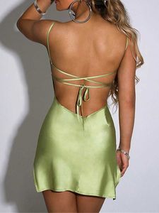 Urban Sexy Dresses New Sexy Women Spaghetti Strap Sleeveless Dress Summer Solid Color Bandage Backless Satin Party Dress for Nightclub Beach Z240528