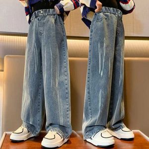Hose Teenager-Mädchen Kleidung Spring Streetwear Jeans Korean Casom Elastic Taille Hosen Kinder Kleidung lose Weitbeinhosen 4-14 y Y240527