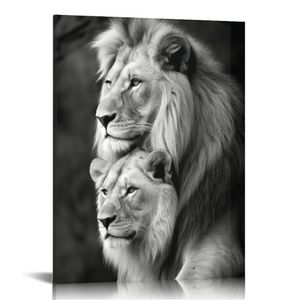 Лев и львица обнимают плакат Черно -белый животные львы стены на стенах, картинка, картинка, картинка, картина современная домашняя гостиная, декор.