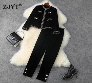 Calças de inverno de outono de moda de passarela Conjunto de mulheres elegantes de manga cheia jaqueta de veludo e calça de calças de manga completa