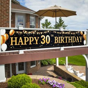 Banners Streamers Confetti Large Size Black Gold Happy Birthday Banner 210X50cm Party Decoration 30 40 50 60 70 80 Years Birthday Background Banner Hanging d240528