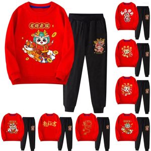 Roupas se põe no ano vermelho do ano para crianças vestem meninos e meninas filhos Dragon Casual Sweatshirt calça Menina roupas de suor para adolescentes