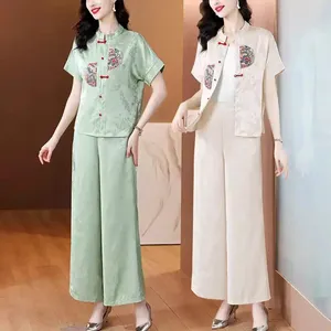 Women's Two Piece Pants Chinese Style Pant Sets For Luxury 2024 Mom's Summer Outfit Fashion Retro Embroidered Buckle Tang Suit 2 K1208