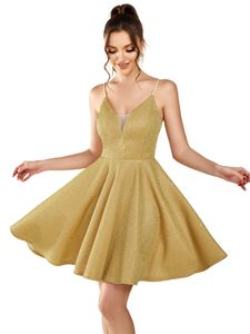 Short Homecoming Dresses Gold Spaghetti Deep V-Neck Satin A-Line Plus Size Cocktail Formal Occasion Cocktail Prom Party Graudation Gowns Hc29