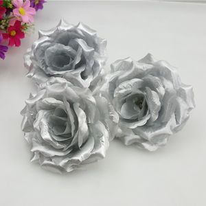 50pcs 8cm 10cm Gold Silver Artificial Wedding Fabric Rose Flower Heads For DIY Hair Garment Flower Ball Accessories