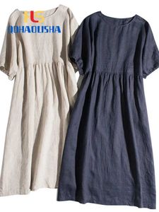 基本的なカジュアルドレスQdhaolisha Summer Cotton Linen Dress New Style Round Neck Solid Color Folding Mid Length Edition Side Split Womens Dress J240527