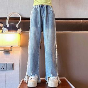 Hose Kindermädchen Kleidung Fashion Casual Jeans Frühling Neues Quasten Design Jeanshose für Teenager Elastische Taille Rohkante Hosen 4-14 Y Y240527