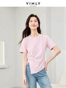 Vimly casual Summer rosa camiseta redonda lateral lateral fêmea tampa fêmea algodão ruched slim manga curta camisetas de mulher roupas m6096 240523