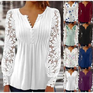 2023 Spring and Autumn Fashion New Women's Lace Sleeve Pressed Pleated Solid Button T-Shirt Underlay