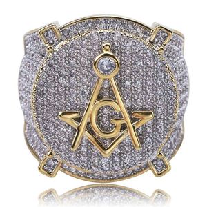 Hip Hop Masonic Ring All Iced Out High Quality Micro Pave CZ Rings Copper Gold Color Plated For Women Men 217u
