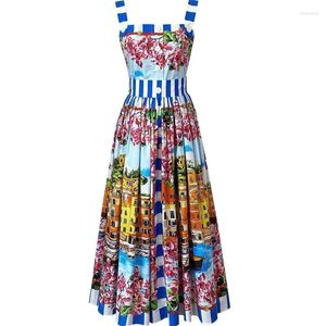 Casual Dresses Summer Holiday Spaghetti Strap Dress Runway Women Single Breasted Buttons Up Flower Print Beach Vacation Midi Vestidos