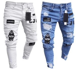 Niebieskie białe męskie chłodne designerskie dżinsy męskie chude rozryte zniszczone rozciągnięte szczupłe spodnie chmielowe z otworami mody men dżinsy 5529827