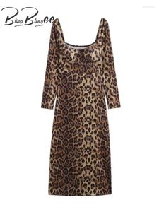 Casual klänningar blingblingee 2024 vår leopard tryck kvinnor fest klänning kvadrat krage långärmad smal mantel kvinnlig midi y2k
