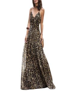 Women Leopard Print Long Dress V Neck Spaghetti Shoulder Straps Summer Beach Dresses 2019 ärmlös Casual Maxi Dress Vestidos J19948646