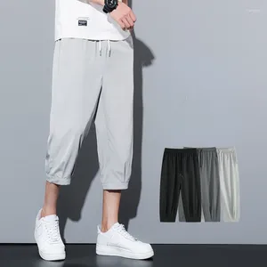 Мужские брюки лето тонкие ледяные шелковые брюки эластичные талии брюки до длинных брюк с твердыми брюками укороченные бегущие бегуны