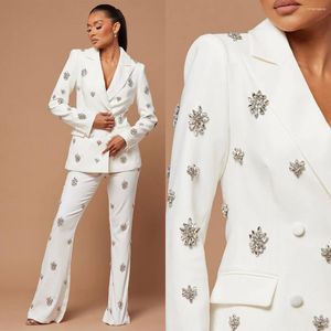 Women's Two Piece Pants White Plus Size Crystal 2 Pieces Woman Suits Elegant Peaked Lapel Beads Party Jacket Flare Female Daily Birthday