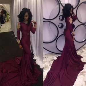 2K18 African Black Girl Prom -klänningar Långa ärmar Guldapplikationer billiga Bourgogne Evening Dress Mermaid Formal Party Gowns Real Photos 202D