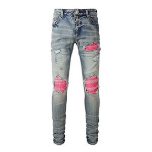 Men's Jeans The best-selling EU drip tight jeans with distressed holes pink Paisley Bandana patch work and stretchy slim fit jeans J240527