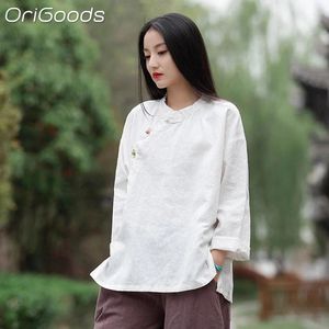 Blusas femininas estilo chinês Camisa de manga longa ramie algodão grossa de primavera de outono camisetas para mulheres nacionais blusas 2024 tops