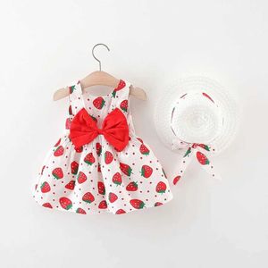 Girl's Dresses Summer New Baby Girls Dress Bow Sweet Princess Halter Strawberry + Hat Birthday Party H240527