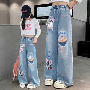 Jeans Jeans 2024 Karikatür Moda Deseni Kotlar Kızlar İçin Uygun Gevşek Düz Kotlar Sevimli Baskılı Çocuklar İlkbahar ve Sonbahar Kore Tarzı Uzun Pantolon WX5.27