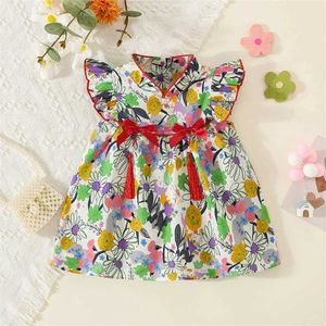 Mädchenkleider 2023 Mädchen Kleid Kleid neuer Sommerkontrast Daisy Print Bogen Baumwollstoff Nese Stil Qipao H240527