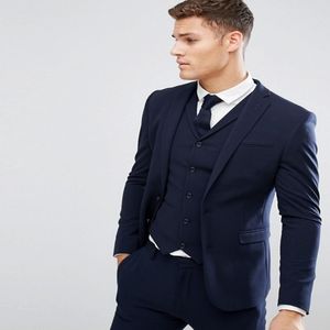 Billiga marinblå män kostymer smal passform groomsmen bröllop tuxedos för män toppade lapel mode bak vent formell kostym jacka västbyxor 248z