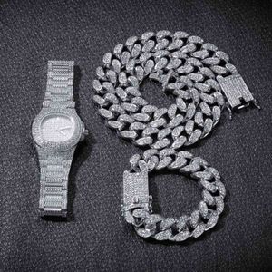 Watch Necklace Bracelet HipHop Curb Cuban Chain Gold Iced Out Miami Paved Rhinestones CZ Bling Rapper for Men Party Jewelry Gift X0509 249r