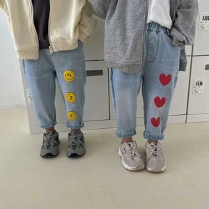 Trousers Children stretch Jeans Boys and girls Loving smiling face casual denim pants unisex loose all-match trousers Y240527