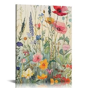 Bunte Wildblume Leinwand Wandkunst Print gerahmte Botanische Bilder Blumenpflanzen Druck minimalistische moderne Wanddekoration für Mädchen Geschenk Wohnzimmer Schlafzimmer Badezimmer Badezimmer