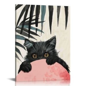 Decoração de impressão de arte de parede de gato, estética de parede rosa de gato preto