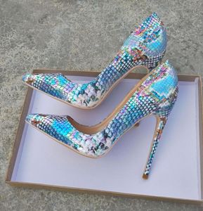 moda kadınlar pompalar tasarımcı bayan yüksek topuk mavi python yılan sivri uçlu stiletto topuklar yepyeni bayan 12cm 10cm 8c5320600