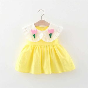 Kız Elbiseleri Yaz Yeni Bebek Kız Elbise Çiçek Dekorasyonu Düz Renk A-Line Tatlı Prenses Doğum Günü Partisi Takımı H240527 OC36